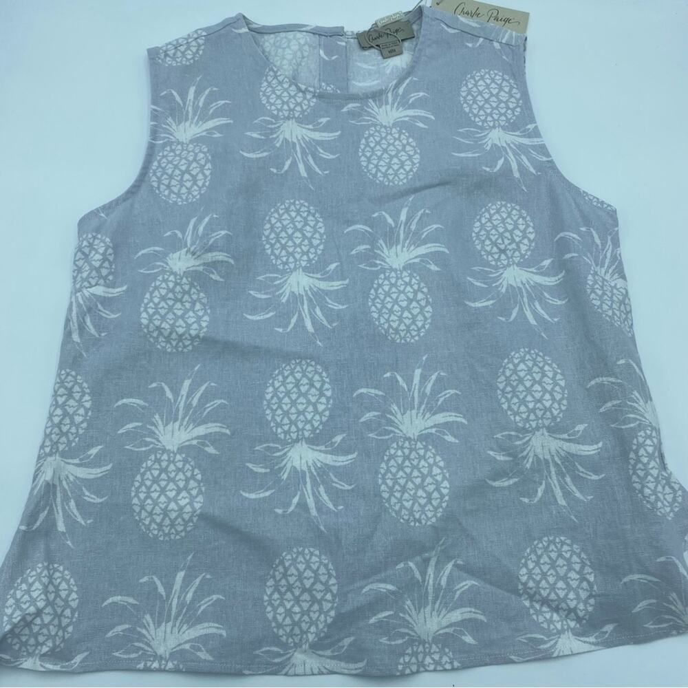 Charlie Paige Top Woman's‎ Medium Gray Pineapple Linen Tank Coastal Summer